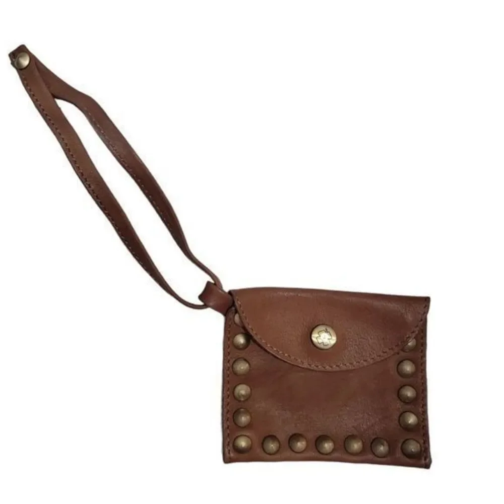 Leather Brown  Coin purse Wristlet Four Leaf Clover gold snap gold embellishment